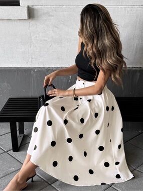Polka Dot A-Line Midi Skirt - White with Black Dots
